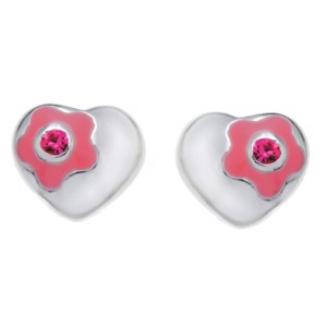 Silberne Ohrringe mit Herzen, Blumen und rosa Zirkoniasteinen